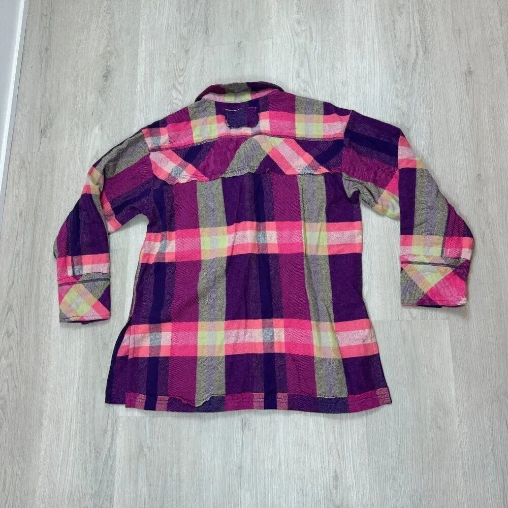 Free People So Long Summer Plaid Flannel Button Down Size Small Pink Purple‎ NEW